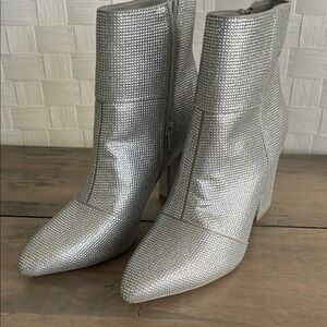 Metallic Silver Pointed Toe Ankle Booties with Block Heel